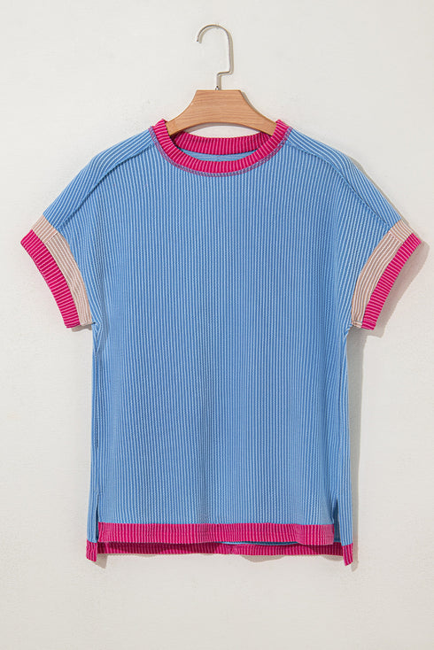 Retro Vibe Contrast Trim Corded Knit Short Sleeve Top